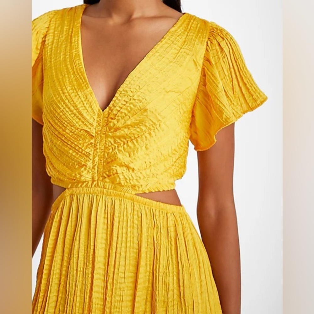 Satin V-Neck Flutter Sleeve Pleated Cutout Midi Dress - Picture 2 of 5
